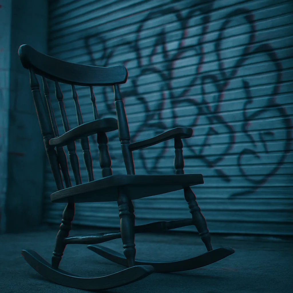 Rocking Chair Before a Graffiti-tagged Corrugated Metal Expanse Glitches Subtly