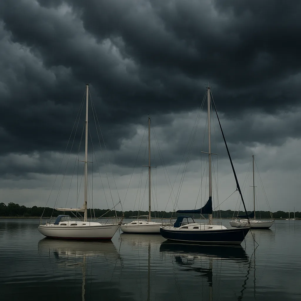 Sailboats Moored by a Tranquil Marina with Ominous Storm Clouds