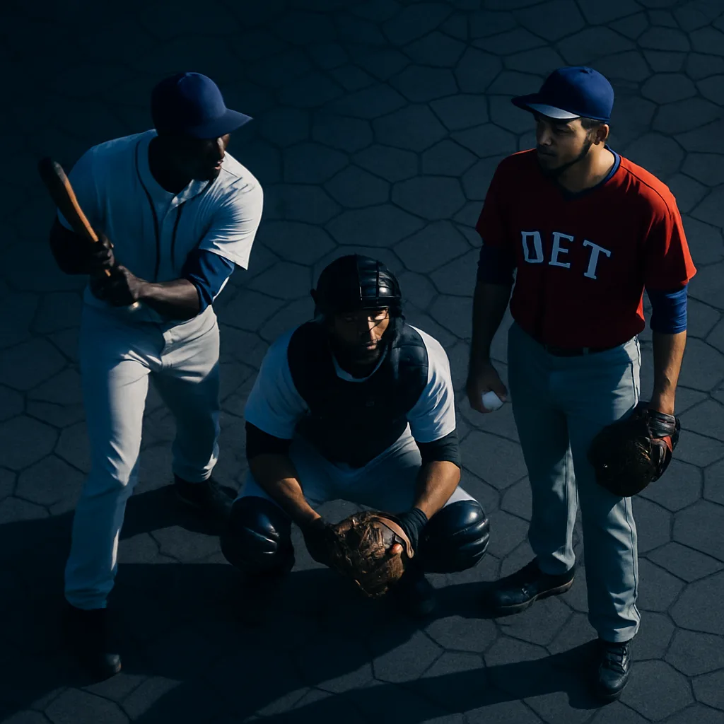 Three Diverse Ballplayers in an Asymmetrical Top-down Flat Lay