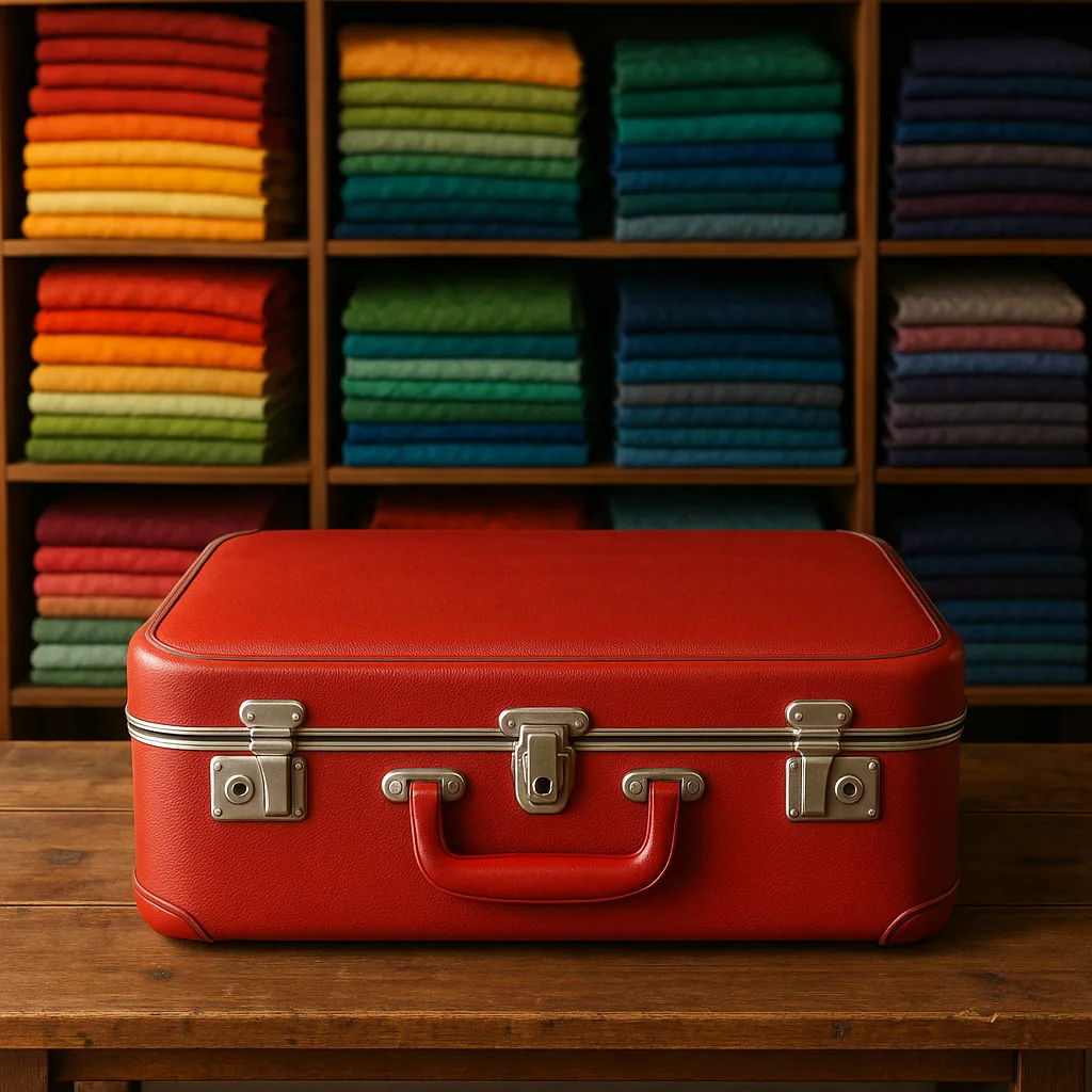 Red Vintage Suitcase Sits on a Wooden Table in Front