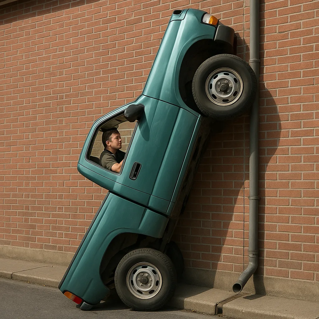 Teal Pickup Truck Is Vertically Lodged Against a Brick Wall