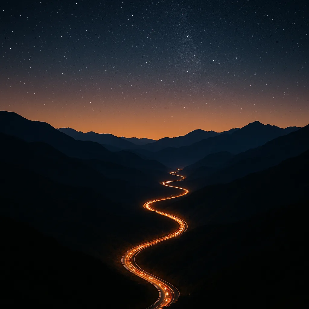 Many Distant Cars Form a Vibrant Ribbon of Light Winding