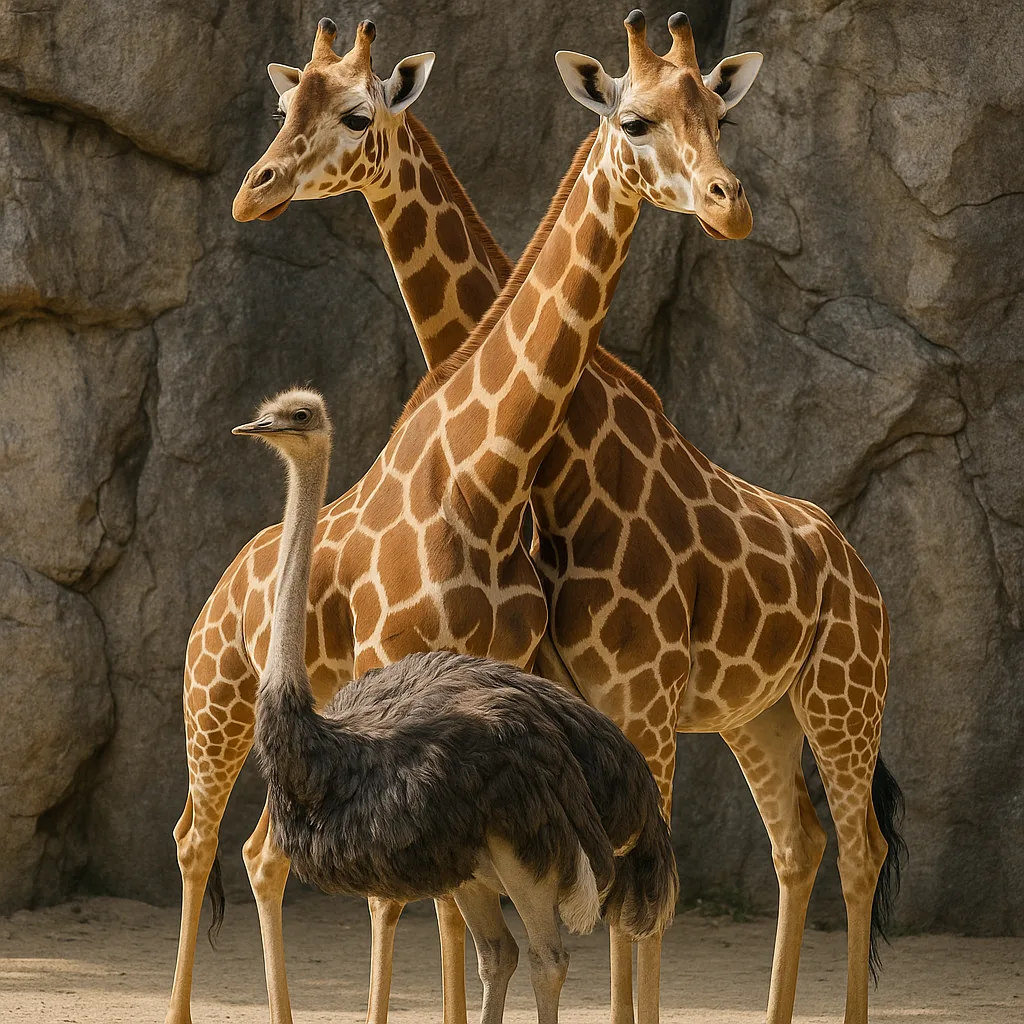 Two Giraffes Standing Side by Side near a Rocky Background