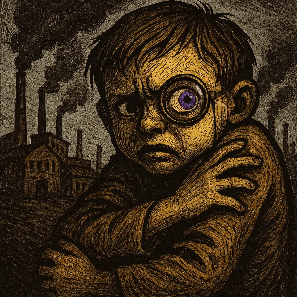 Monocled Child with Violet Eyes Cowers Defensively