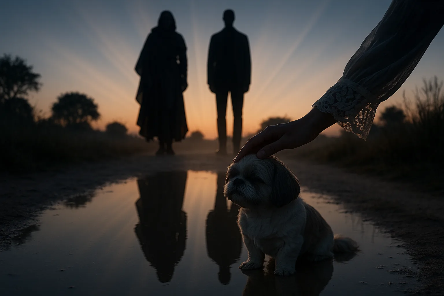 Lace-cuffed Hand Gently Pets a Short-cut Shih-tzu