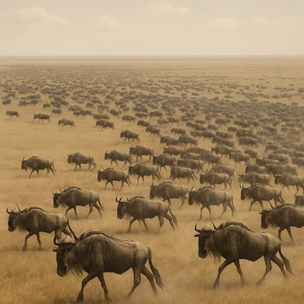 Vast Herd of Wildebeest Stretches Across an Endless Savanna Plain