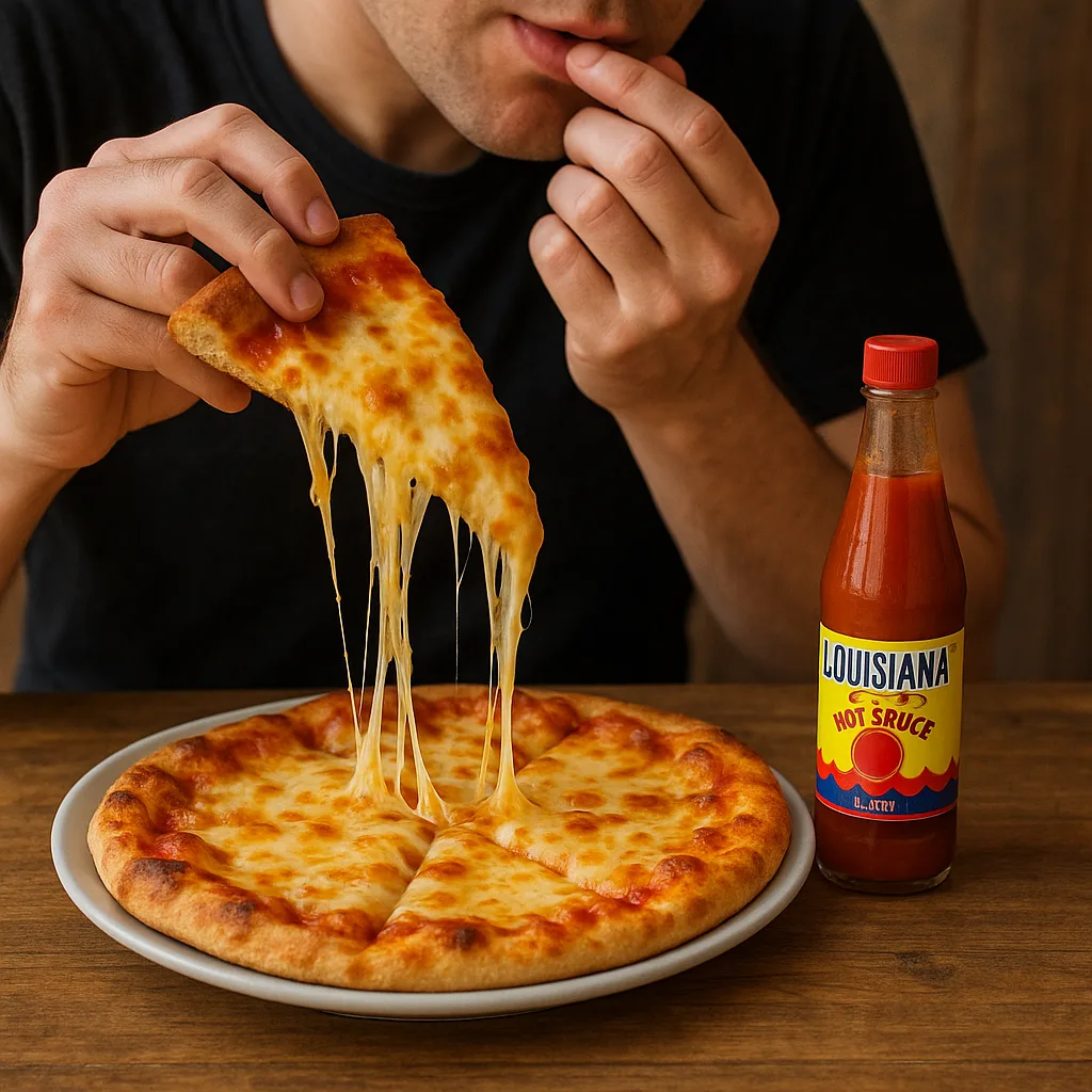 Person Eats a Cheesy Pizza
