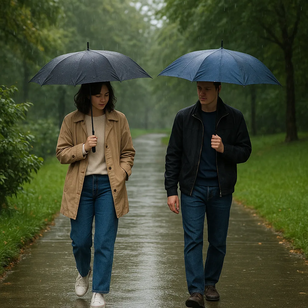 Two People Walking Outdoors on a Rainy Day with Umbrellas