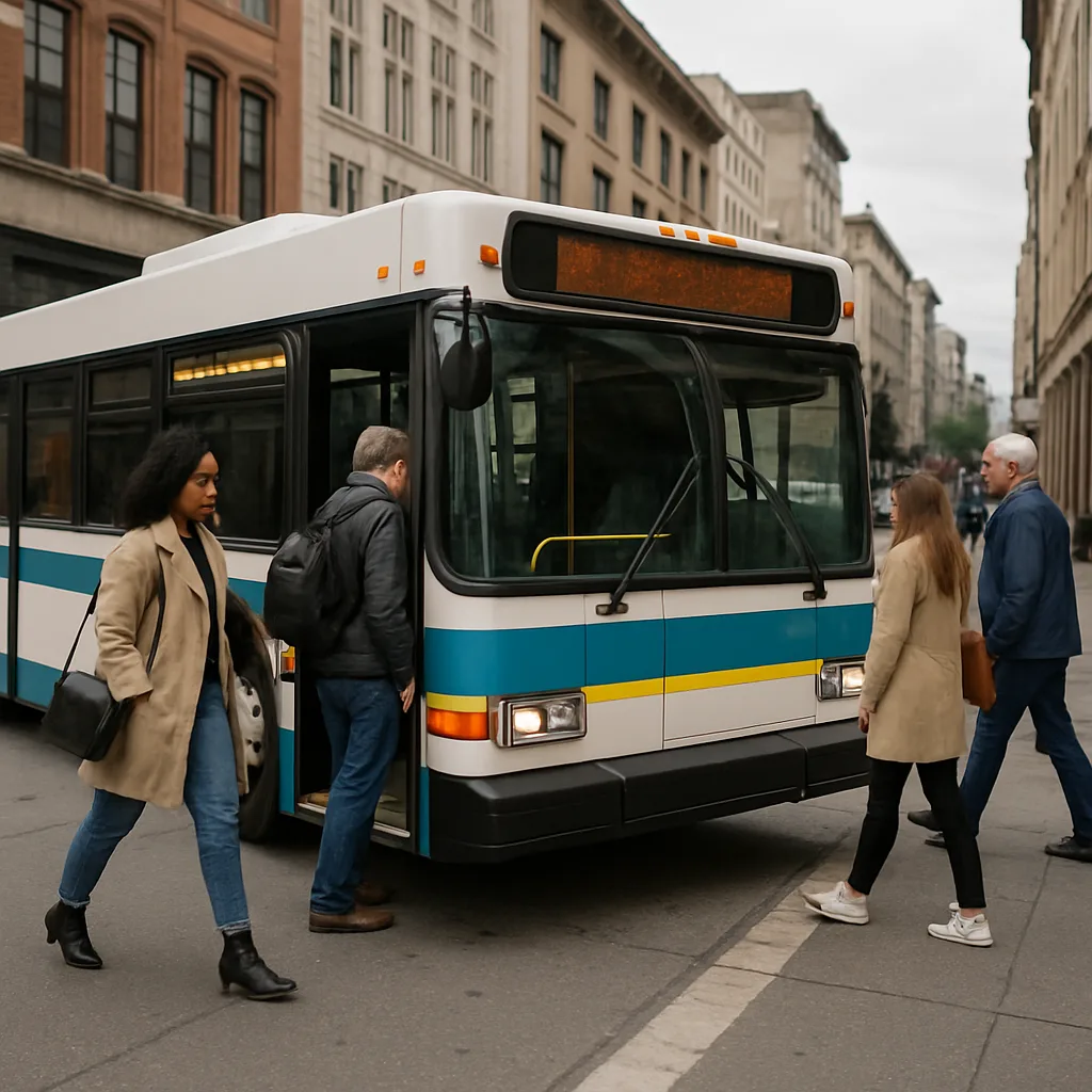 City Bus Stopped on a Street with Pedestrians Nearby