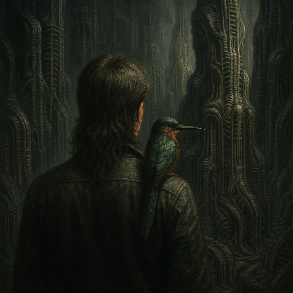 Mullet-sporting Figure with a Long-tailed Jacamar on their Shoulder Faces