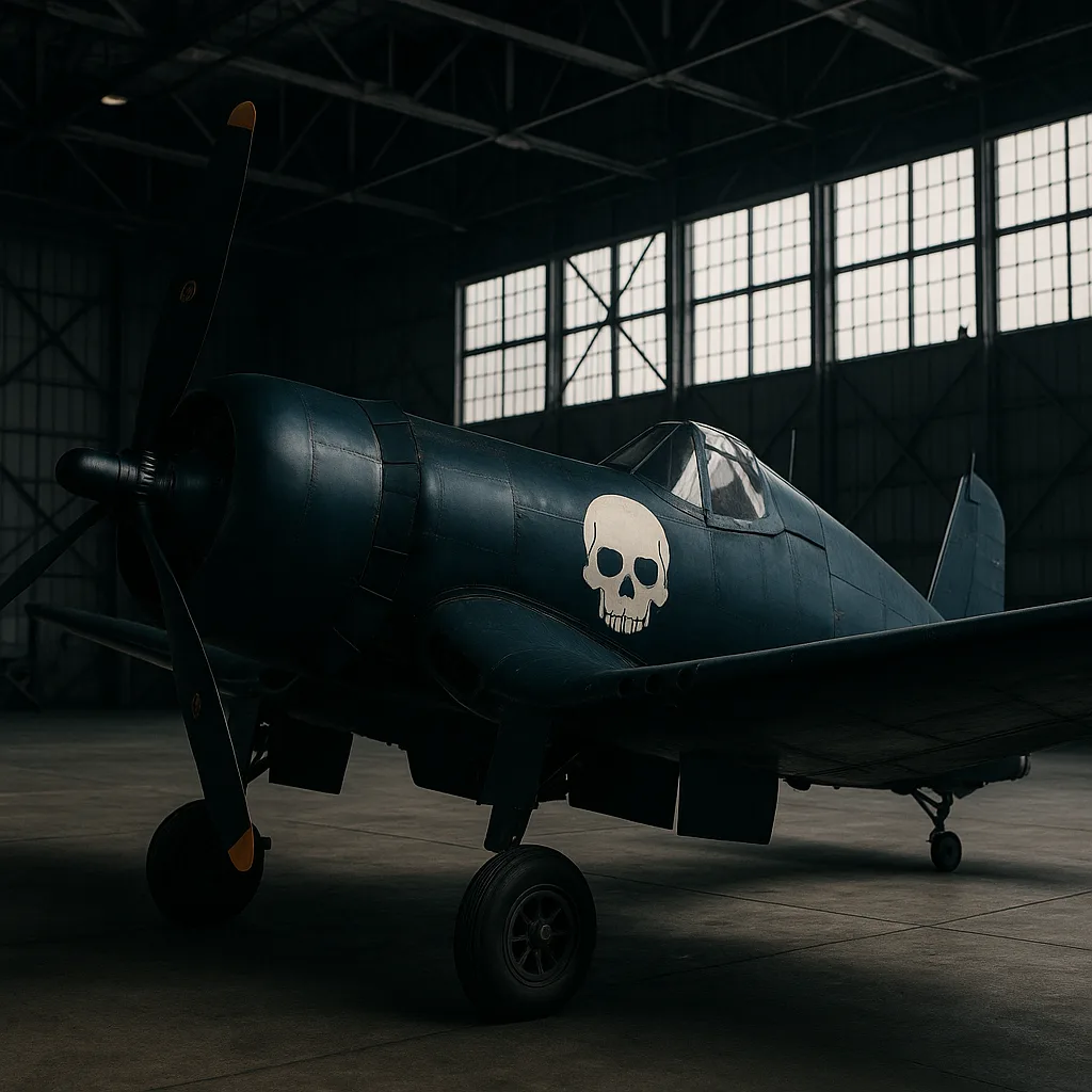 Dark Blue Vintage Fighter Plane with a Skull Insignia Displayed