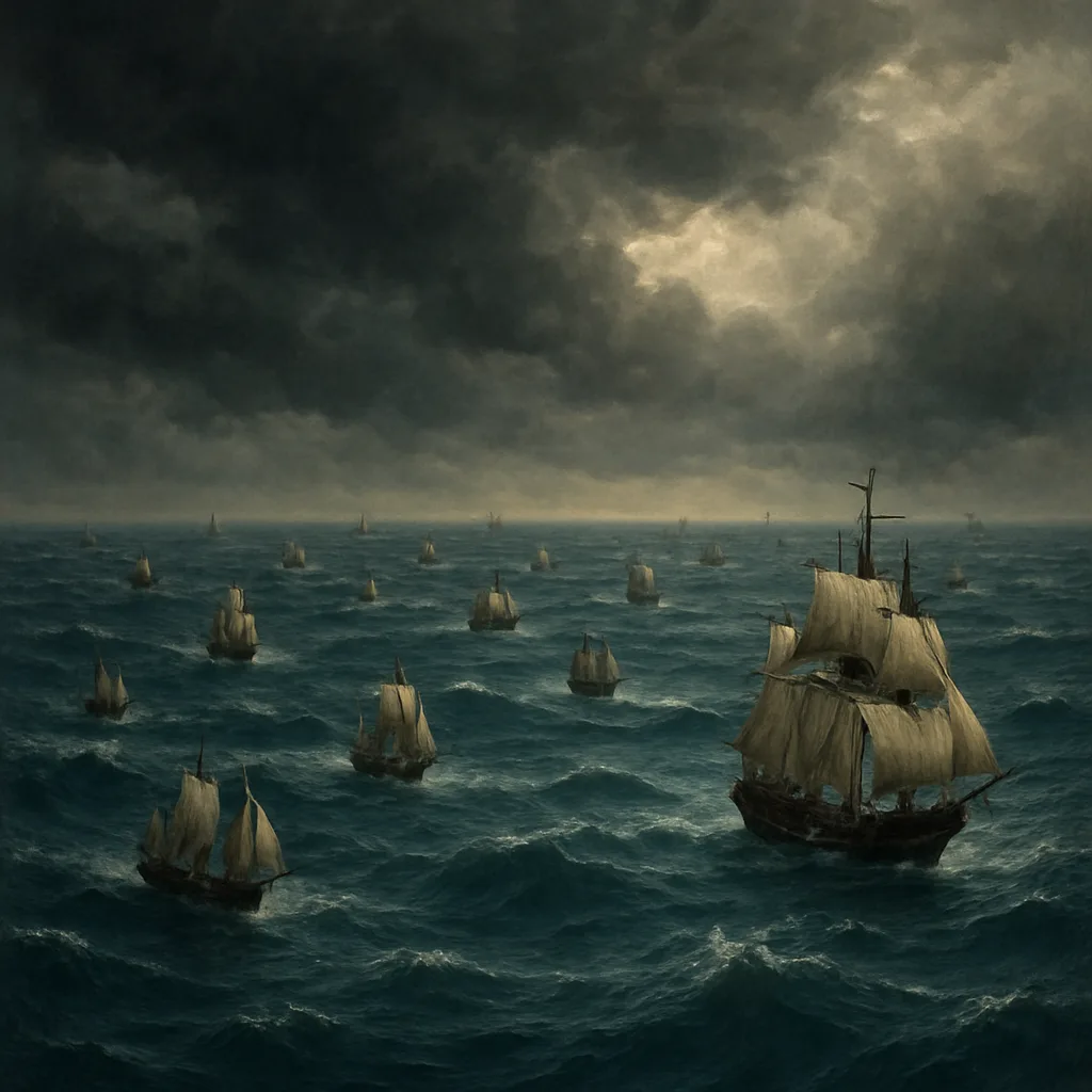 Scattered Formation of Numerous Ancient Sailing Ships