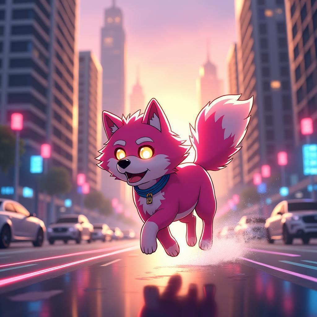 Pink Furred Dog Sprinting Through Neon Streets