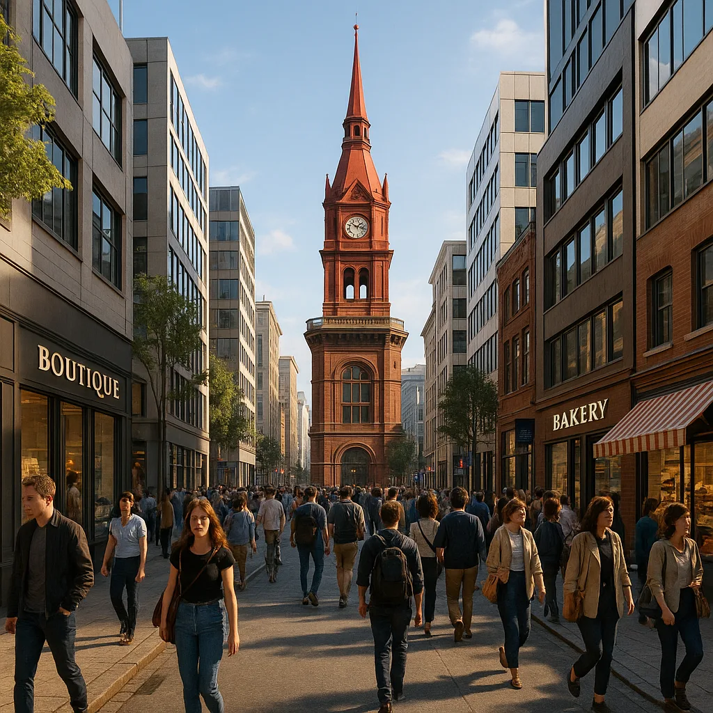 Vibrant Urban Street Teeming with Pedestrians