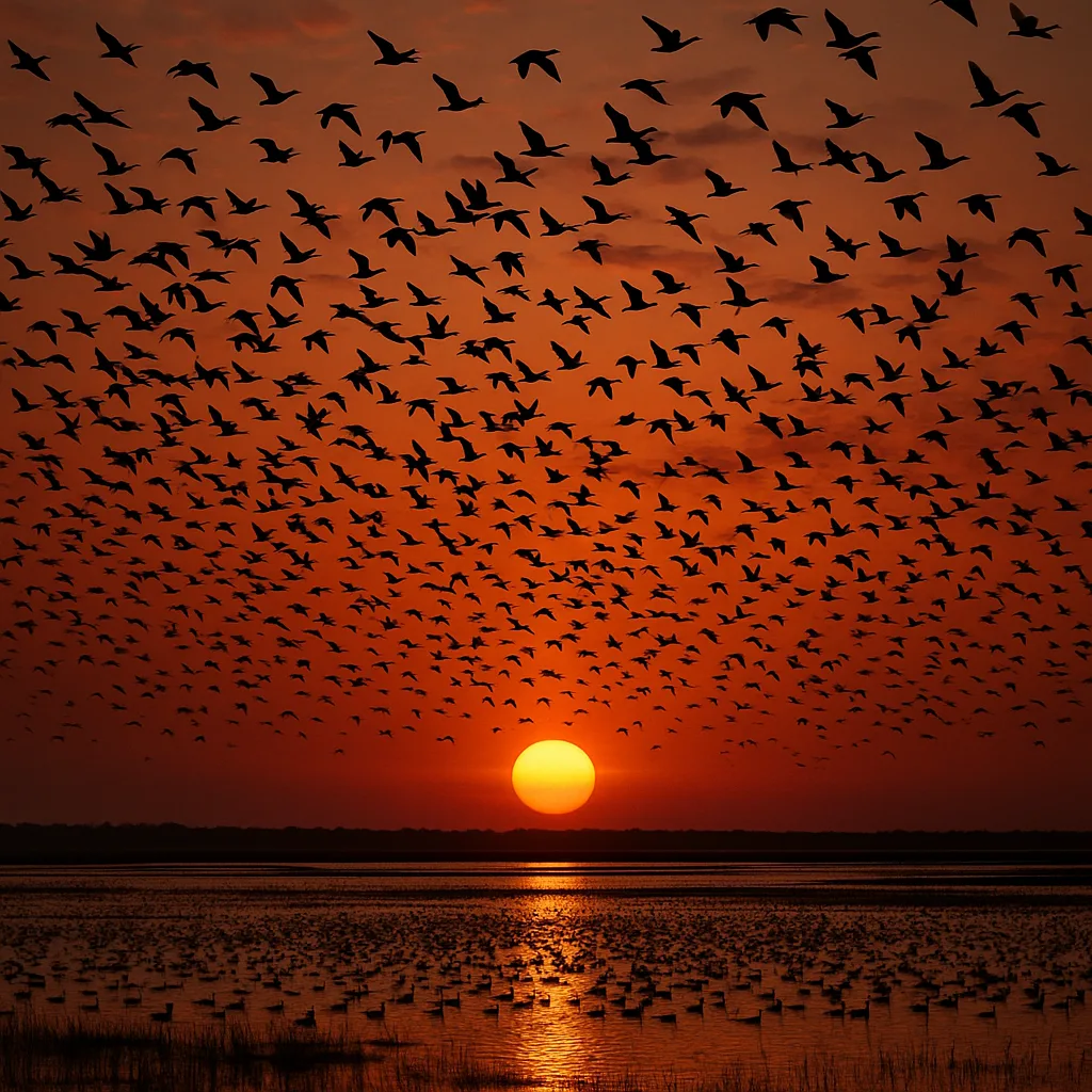 Countless Birds Take Flight from a Vast