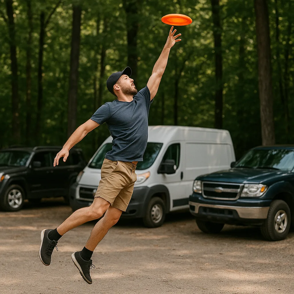 Man Jumps to Catch a Frisbee