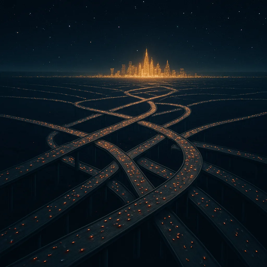 Myriad Tiny Vehicles Stream Along Interconnected Highways Crisscrossing a Vast