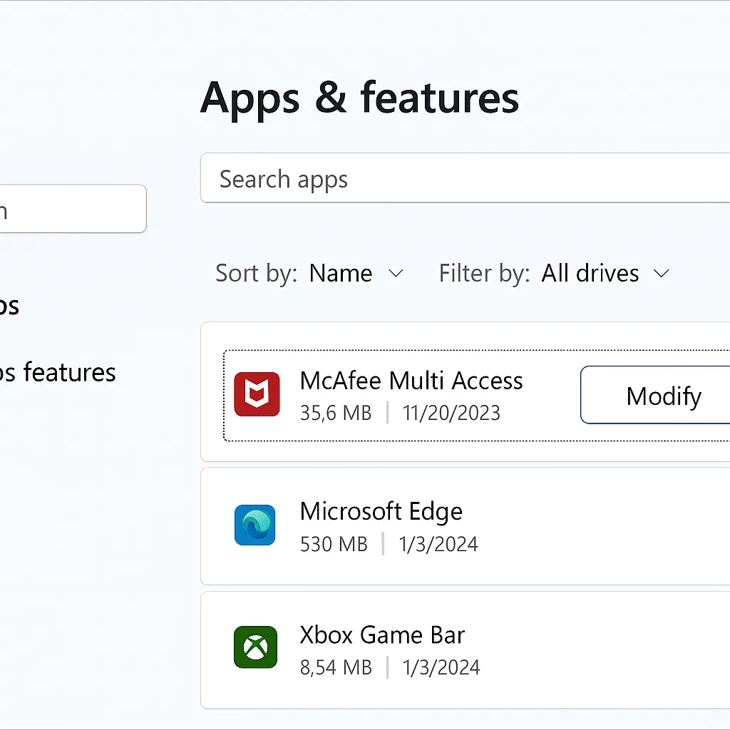 Windows Settings Screen Displaying the "Apps & Features" Section
