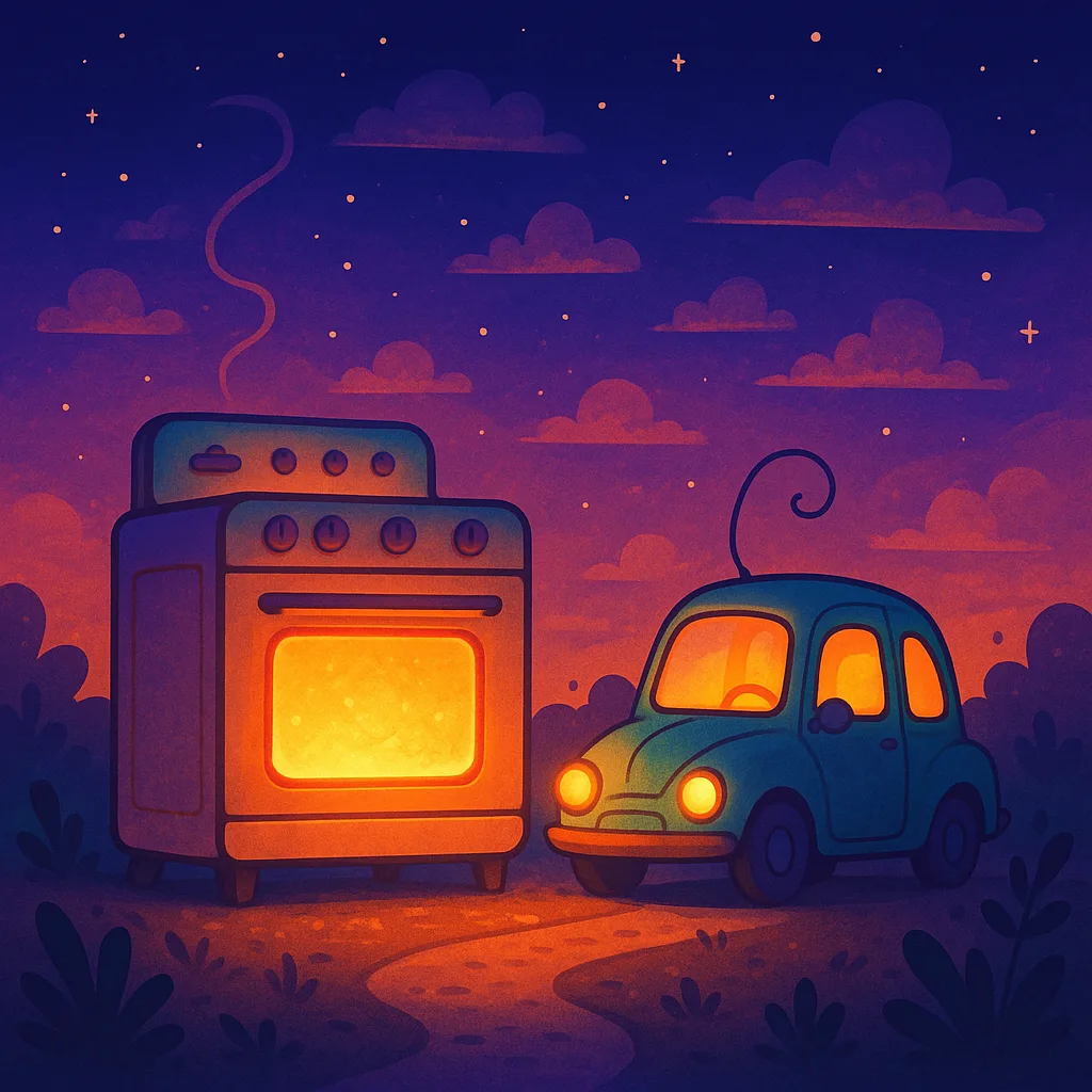 Craft a Lively Dusk Setting with an Illuminated Oven