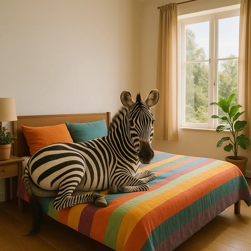 Zebra Resting on a Vibrant Bed Within a Peaceful Room