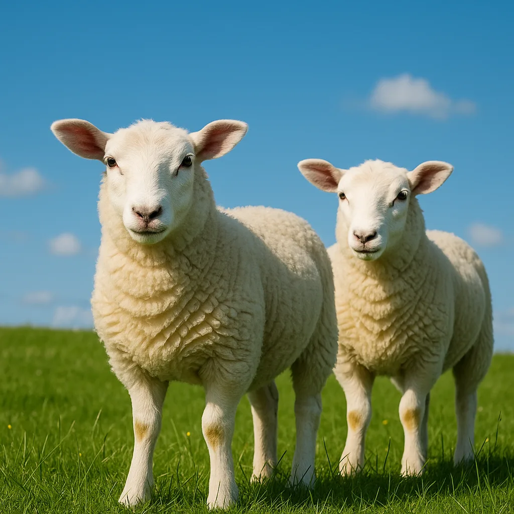 Pair of White Sheep Positioned in a Lush Green Field