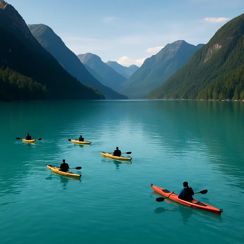 Several Distant Kayakers Paddle Across a Vast