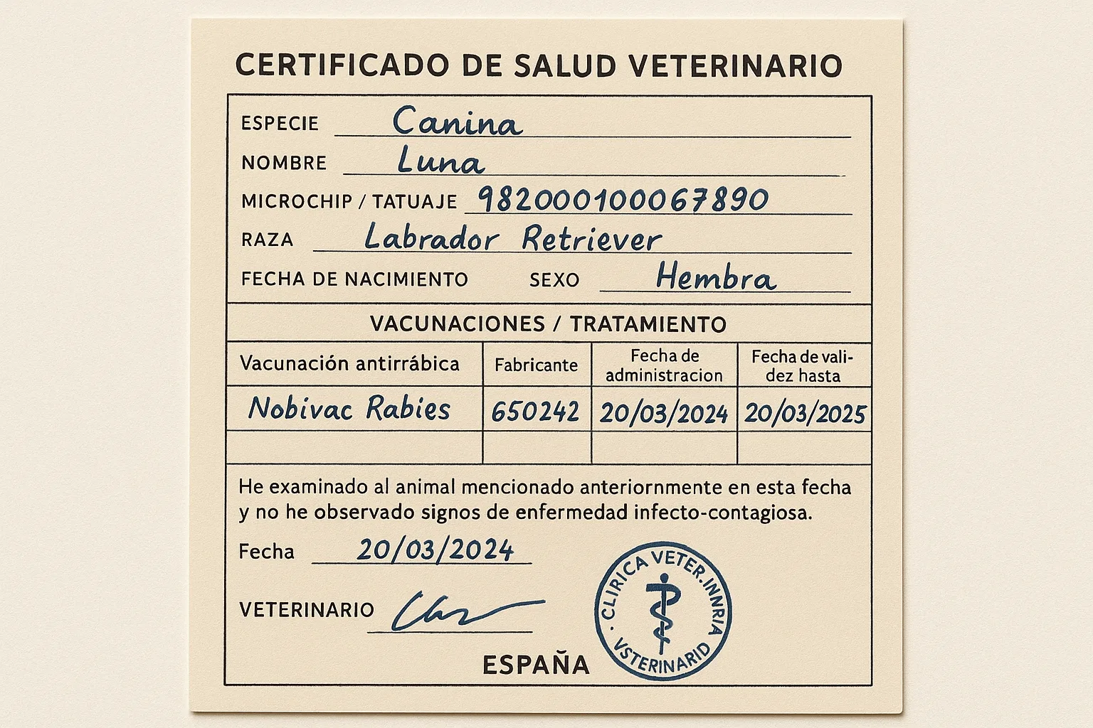 Completed Veterinary Health Certificate Issued in Spain