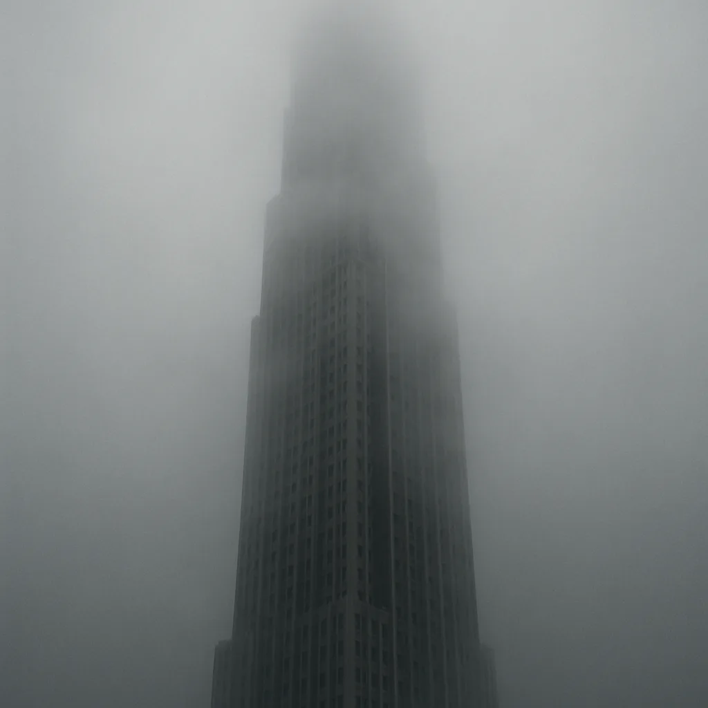 Towering Edifice Enveloped by Mist