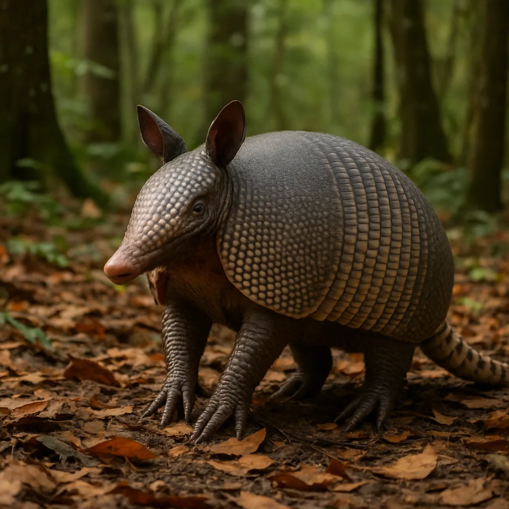 Nine-banded Armadillo Standing on the Forest Floor Surrounded by Leaves