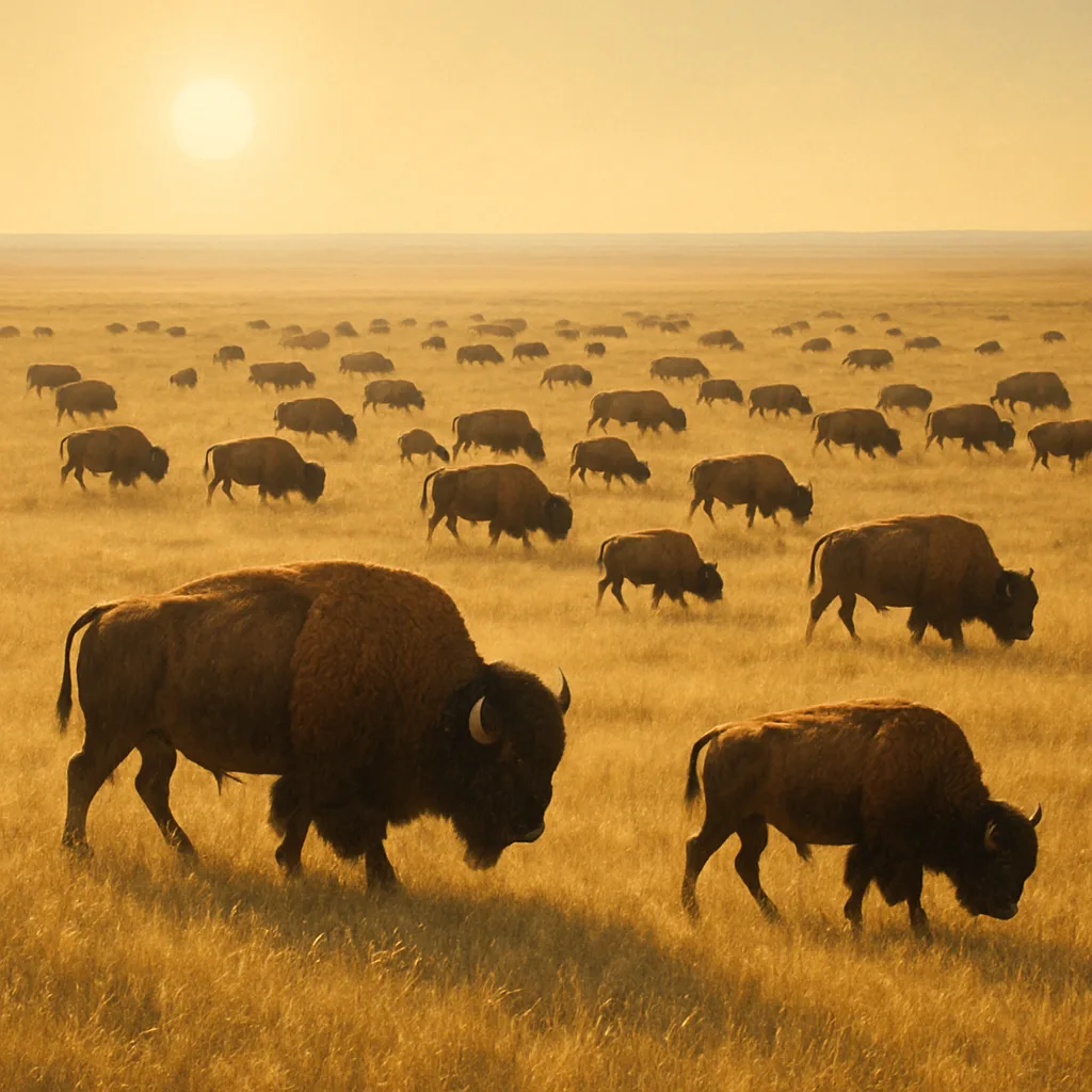 Large Herd of Distant Bison Grazes Peacefully Across a Vast