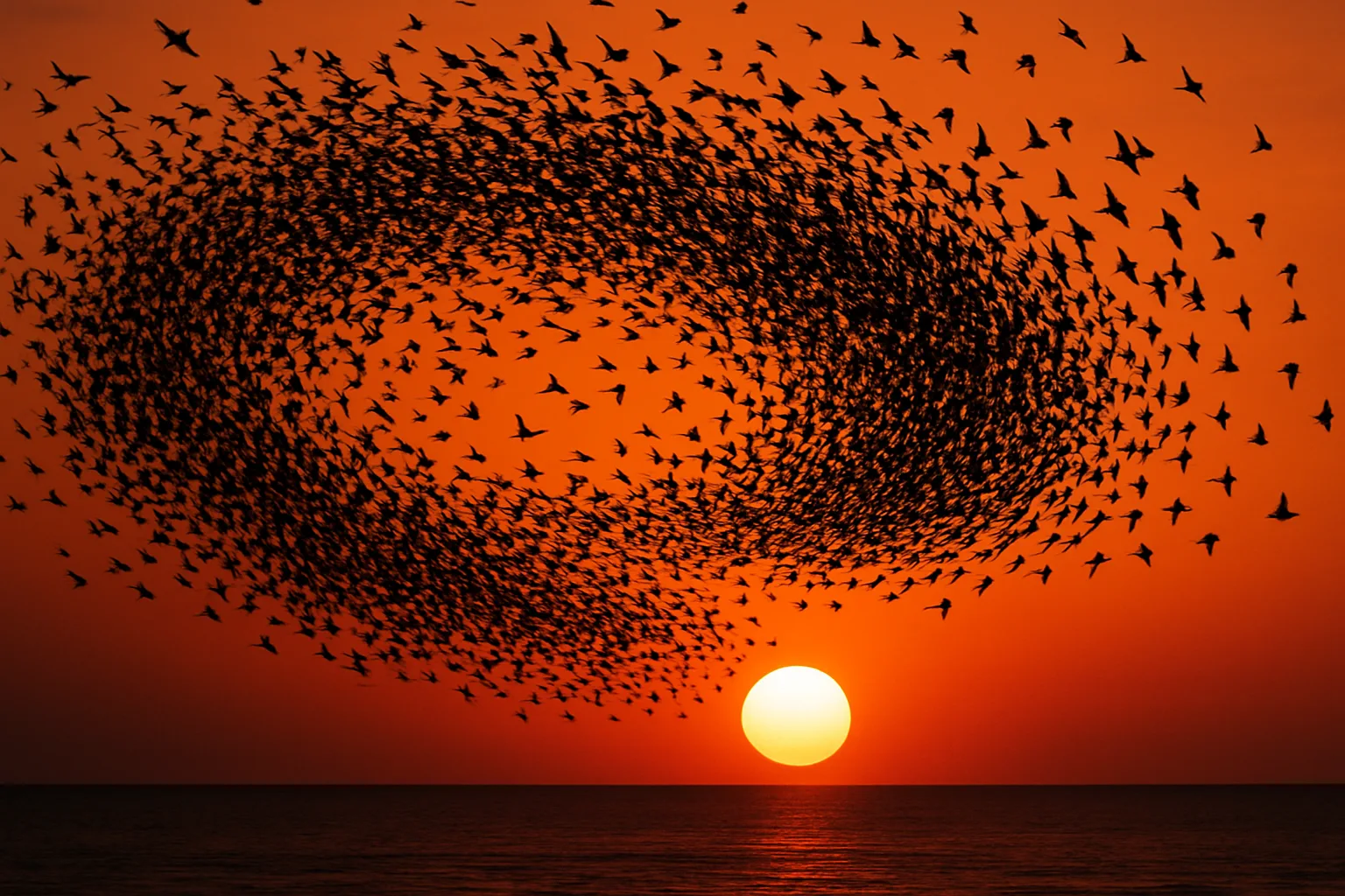 Immense Flock of Countless Silhouetted Birds Wheels and Turns