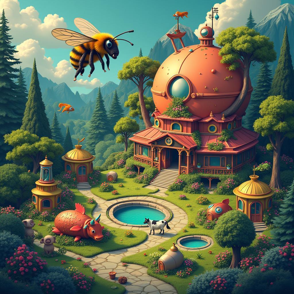 Psychedelic Ecovillage With Giant Bee and Cow