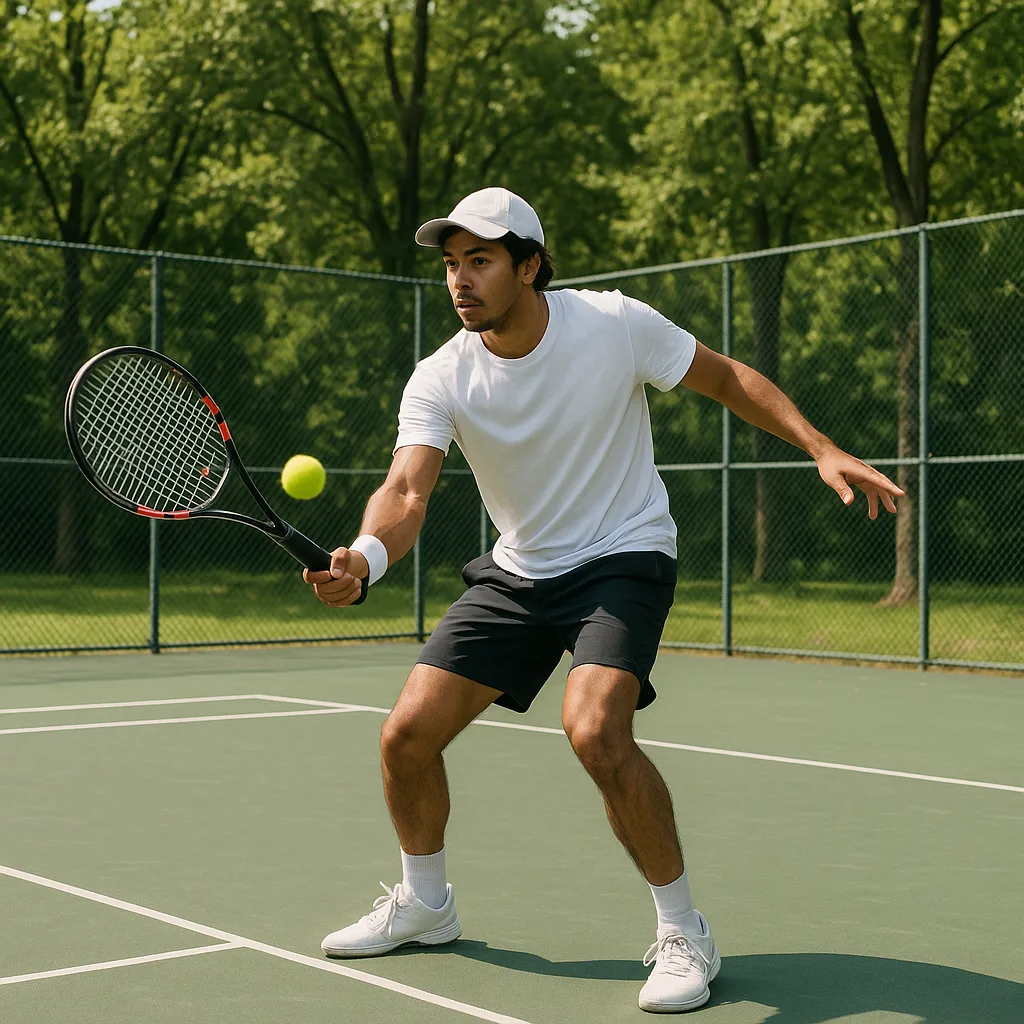 Person Playing Tennis on an Outdoor Court Surrounded by Trees