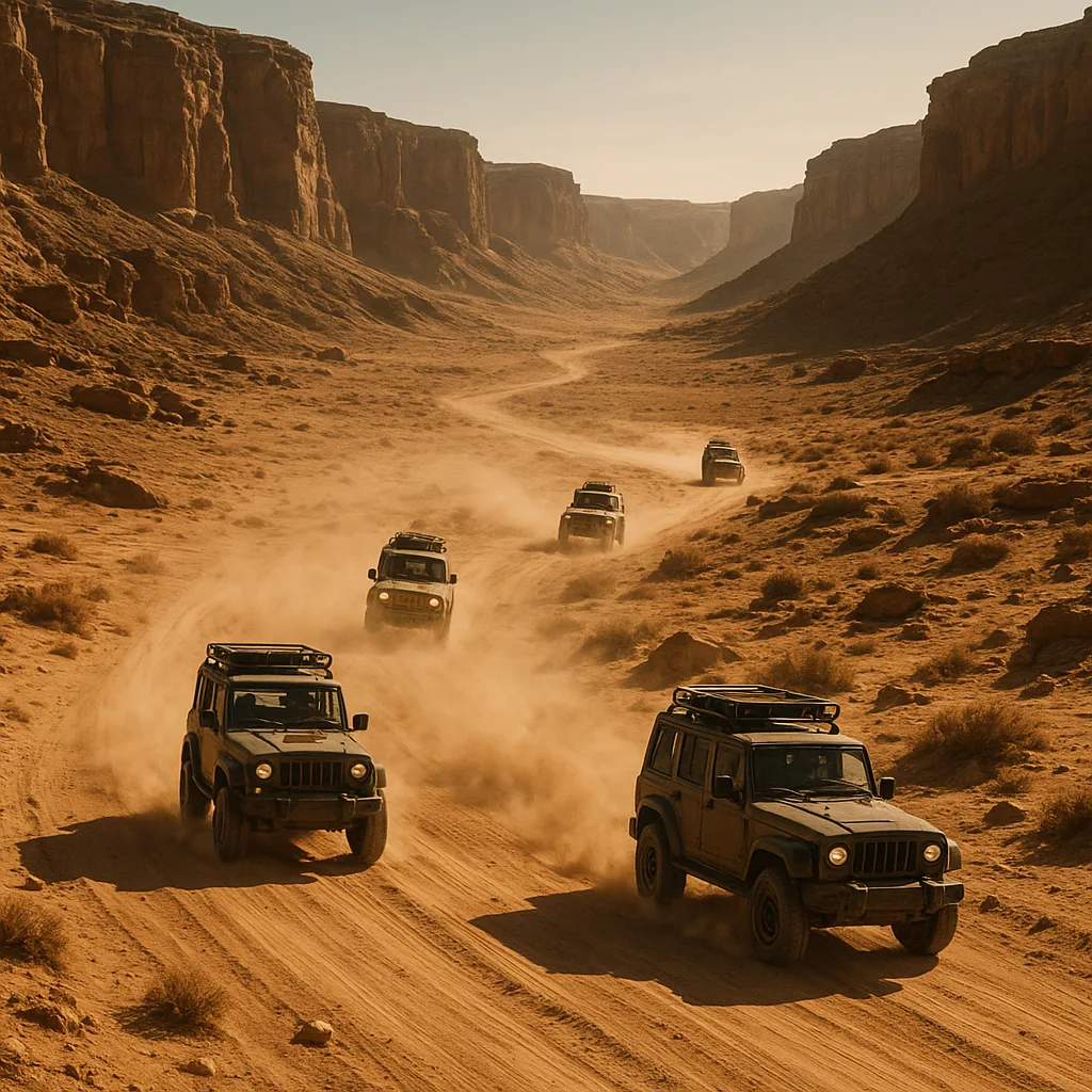 Small Convoy of Rugged Off-road Vehicles Kicks Up Dust Trails