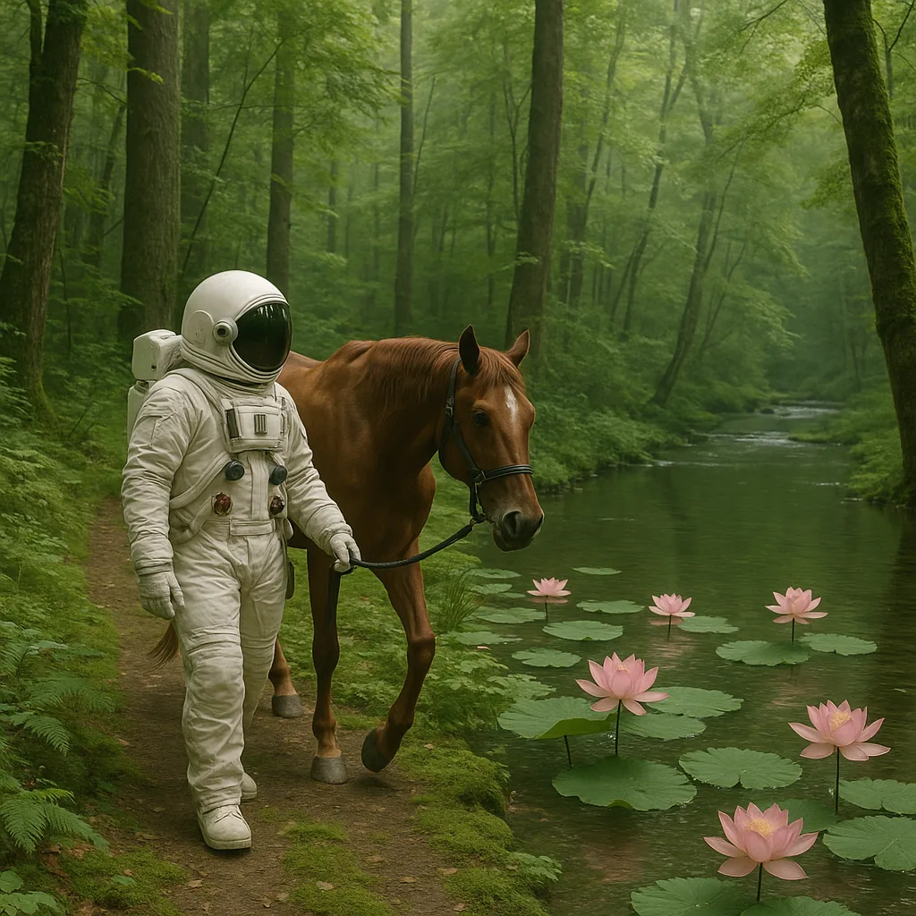 Astronaut Walks a Horse Along a Wooded Trail