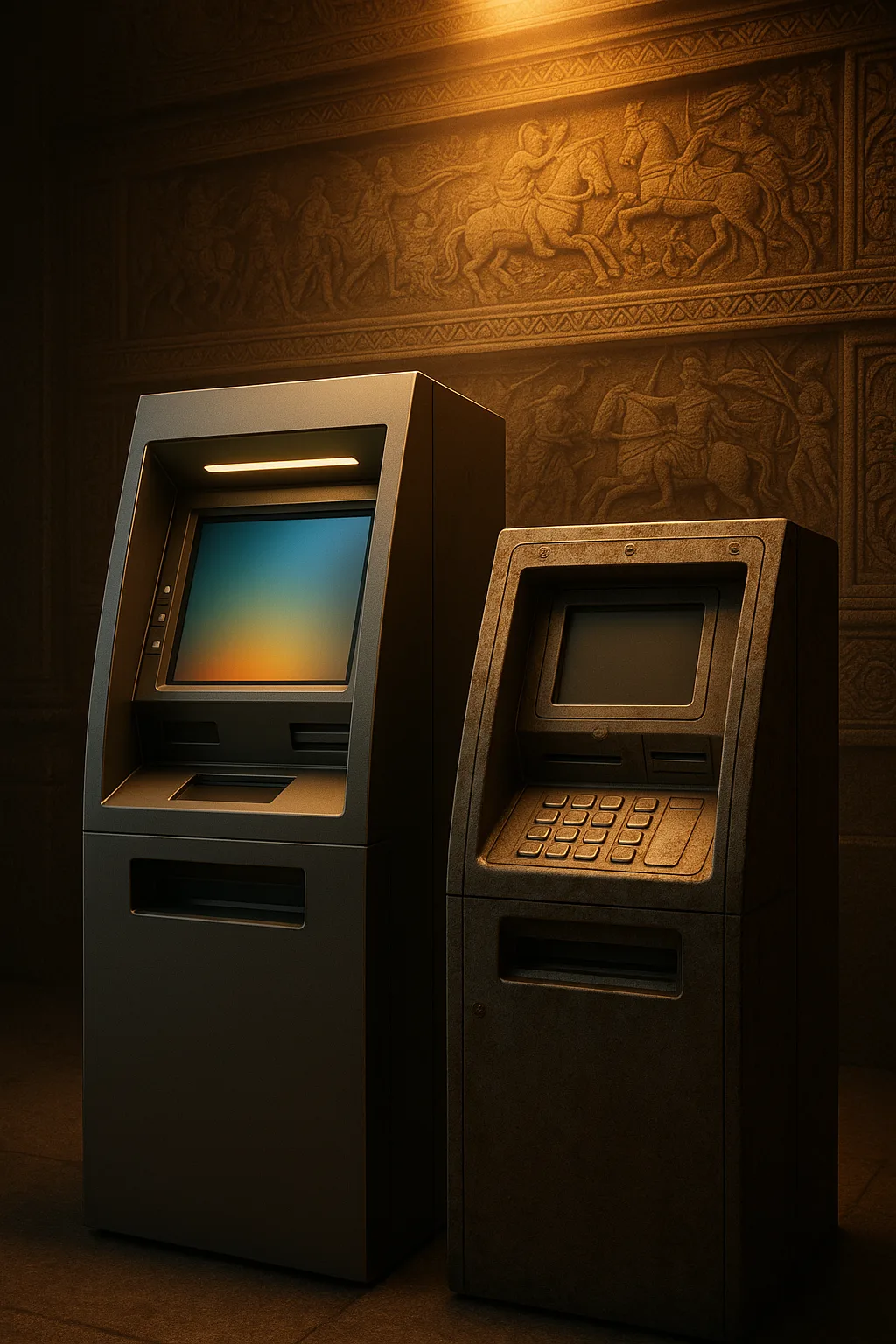 Two Cash Machines—a Sleek Minimalist Slab with its Large Color