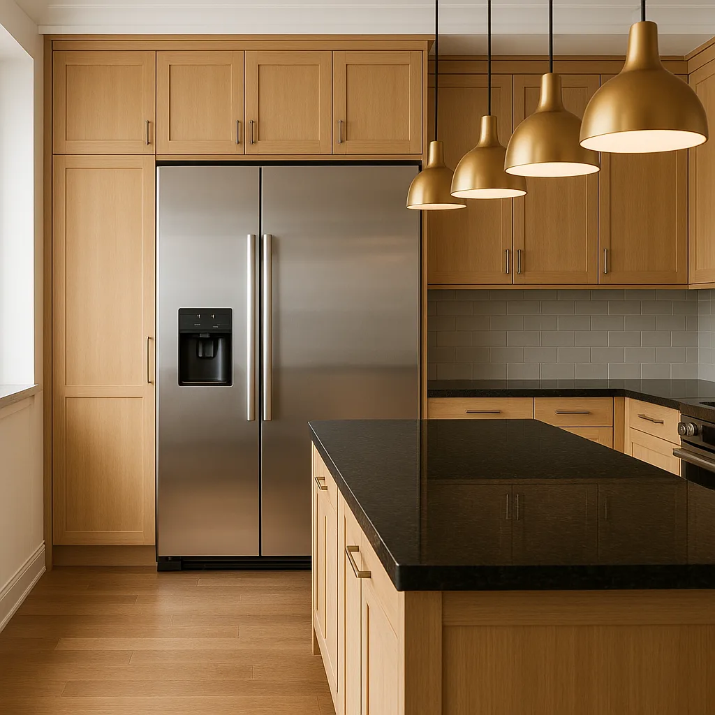 Roomy Kitchen Featuring a Prominent Side-by-side Stainless Steel Refrigerator Surrounded