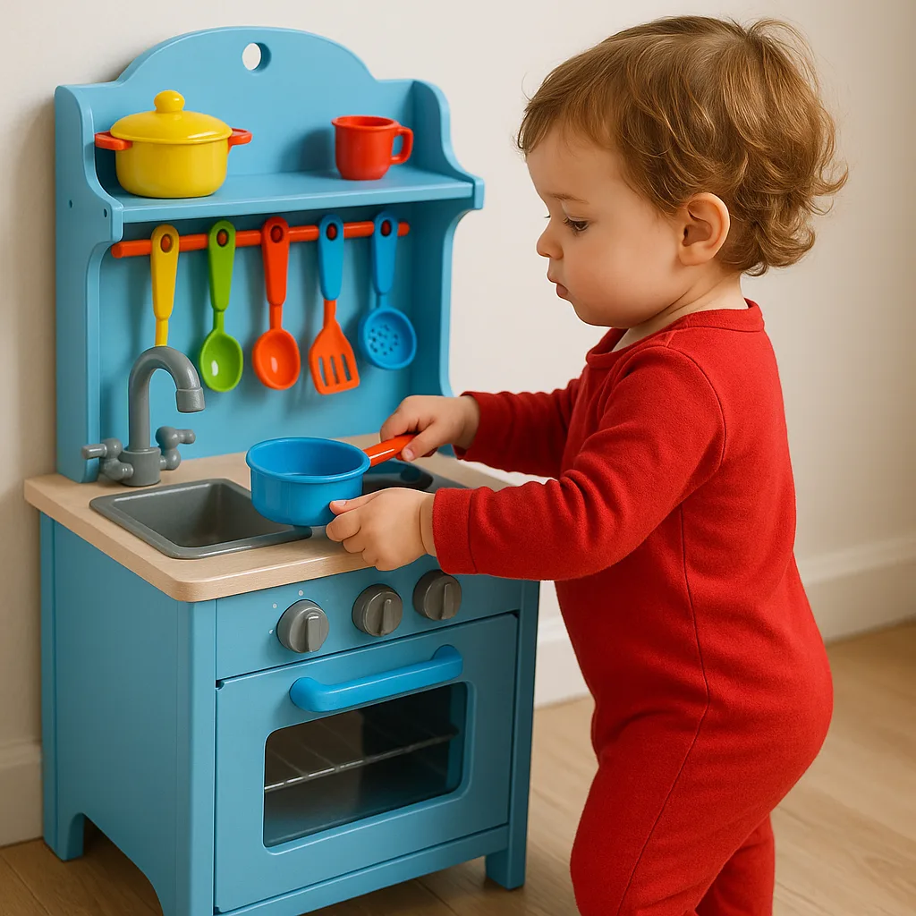 Young Child in Red Pajamas Plays