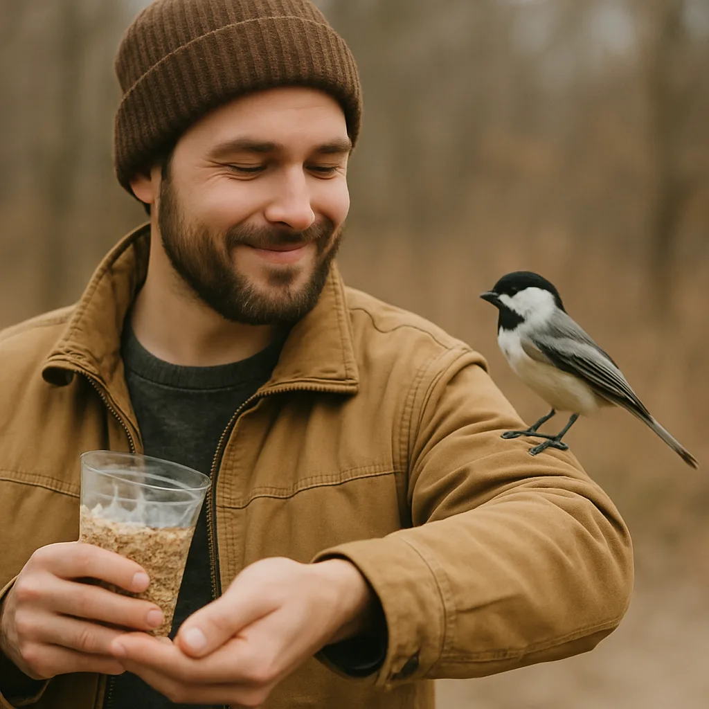 With a Bird Resting on His Extended Arm