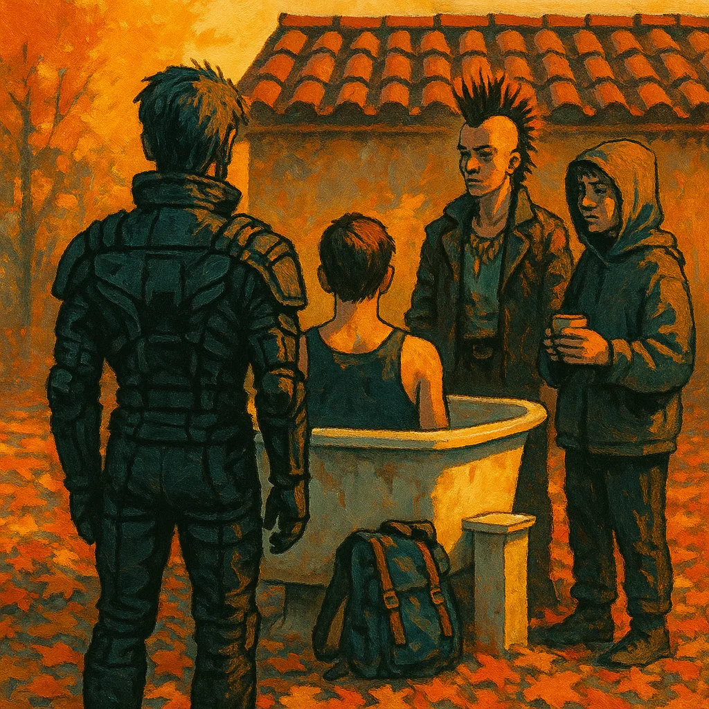 Centrally Composed Group of Four Figures Interacts on an Autumnal