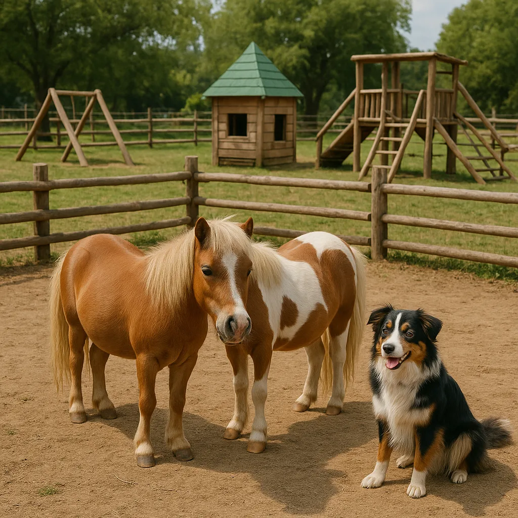 Small Farm Enclosure with Two Ponies and a Dog
