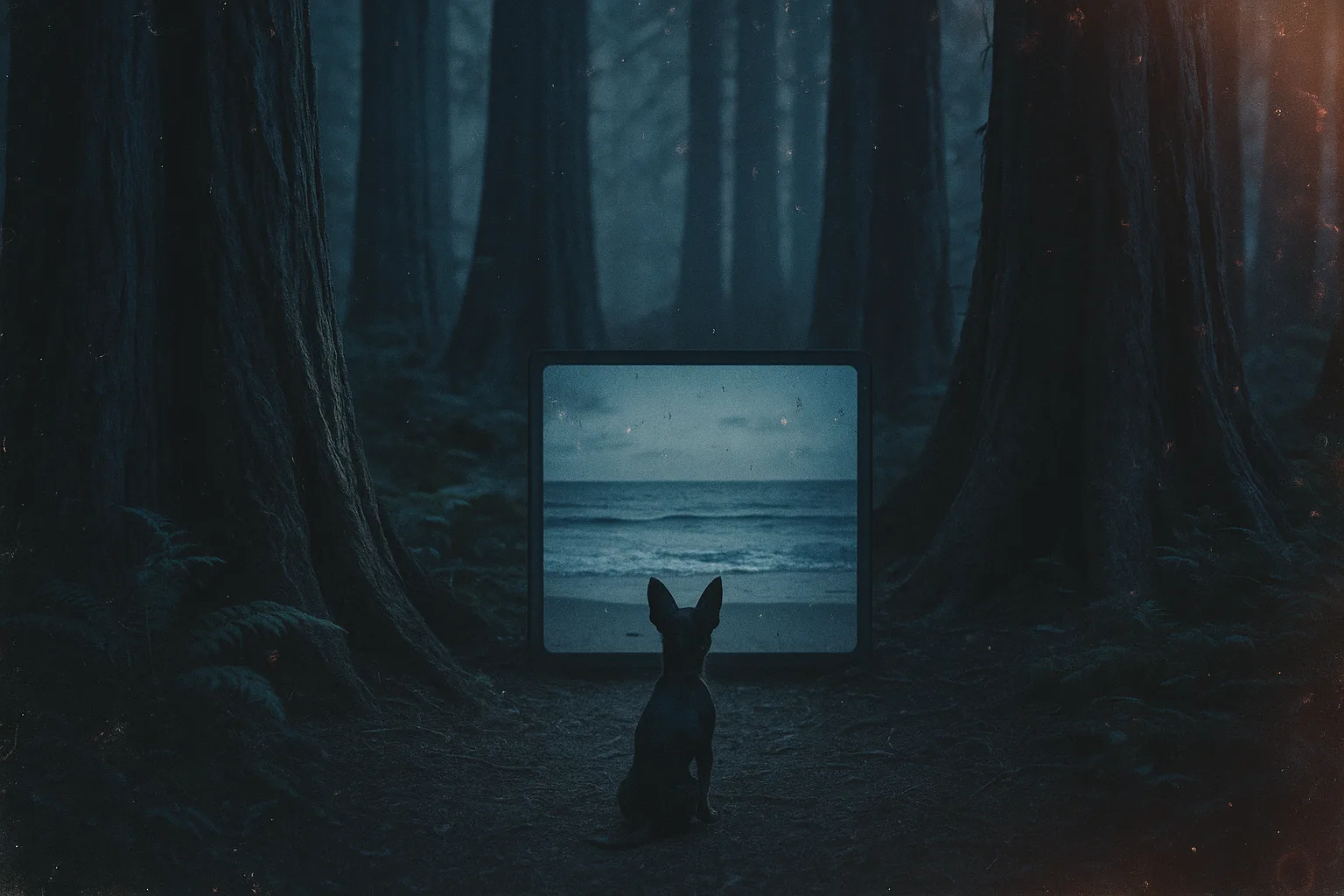 Toy Terrier Observes a Screen's Seashore Amidst Ancient Redwoods