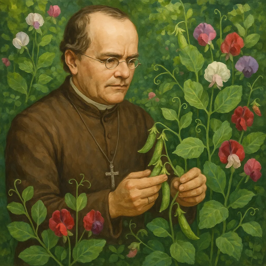 Greg Mendel Studying Pea Plants in a Lush Garden