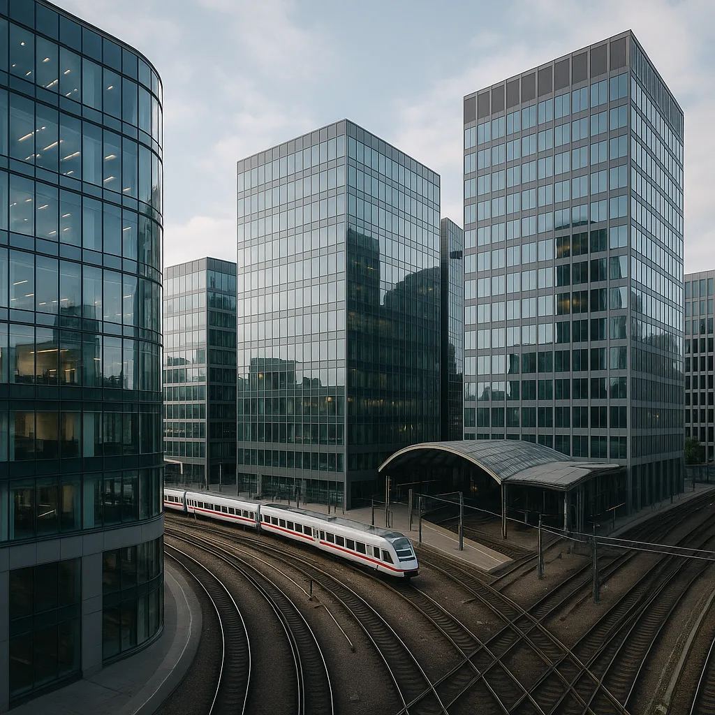 Modern Urban Buildings with Glass Facades Overlooking Railway Tracks
