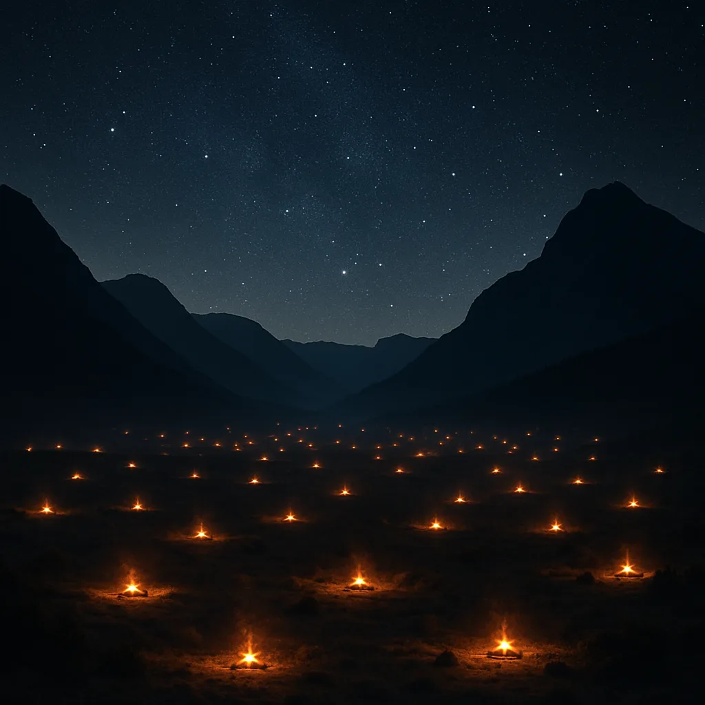 Many Distant Campfires Flicker Like Scattered Embers Across a Vast