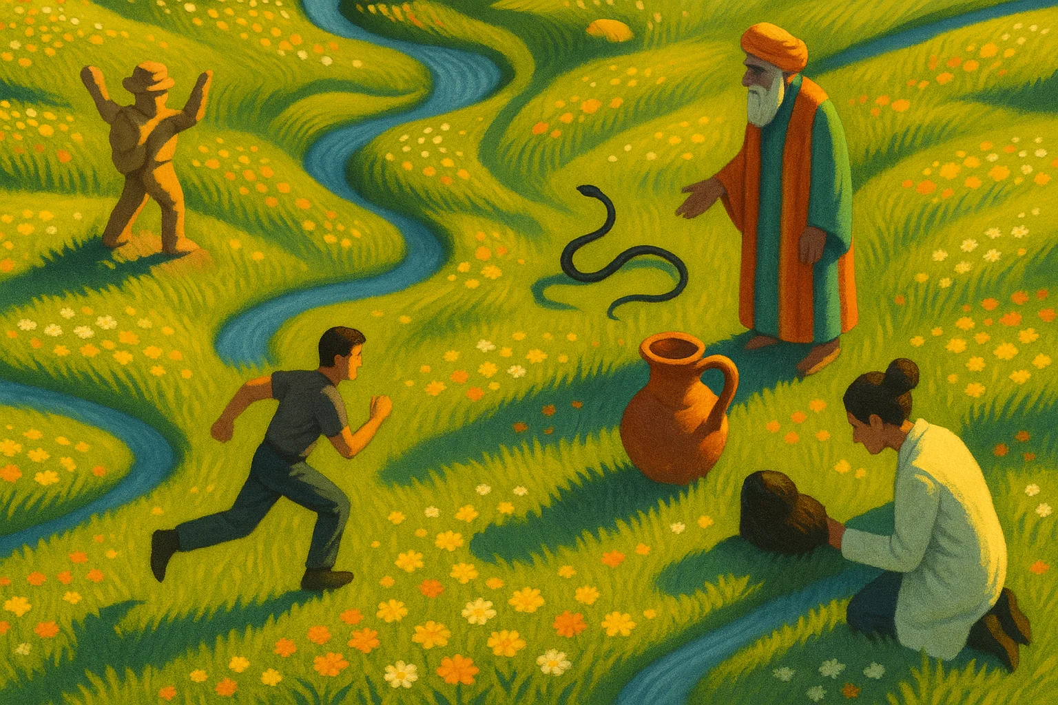 Tiny Dark-haired Everyman Figure Sprints Across a Vast Alpine Meadow