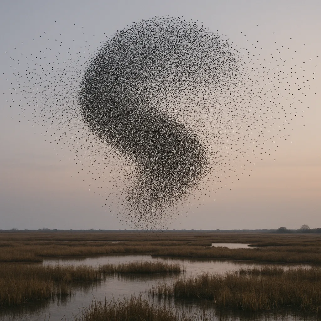 Dense Flock of Countless Starlings Performs an Intricate Murmuration