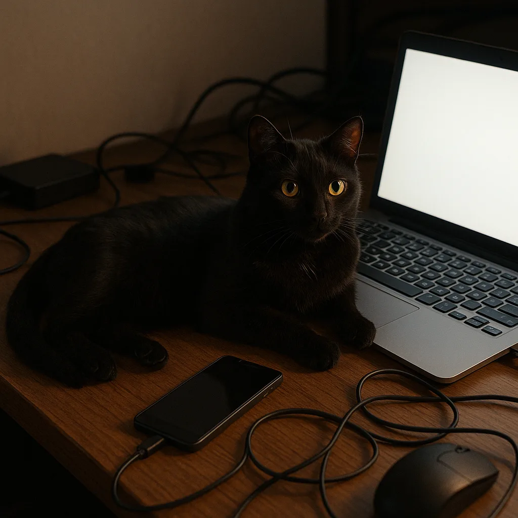 Black Cat Is Lying on a Wooden Desk