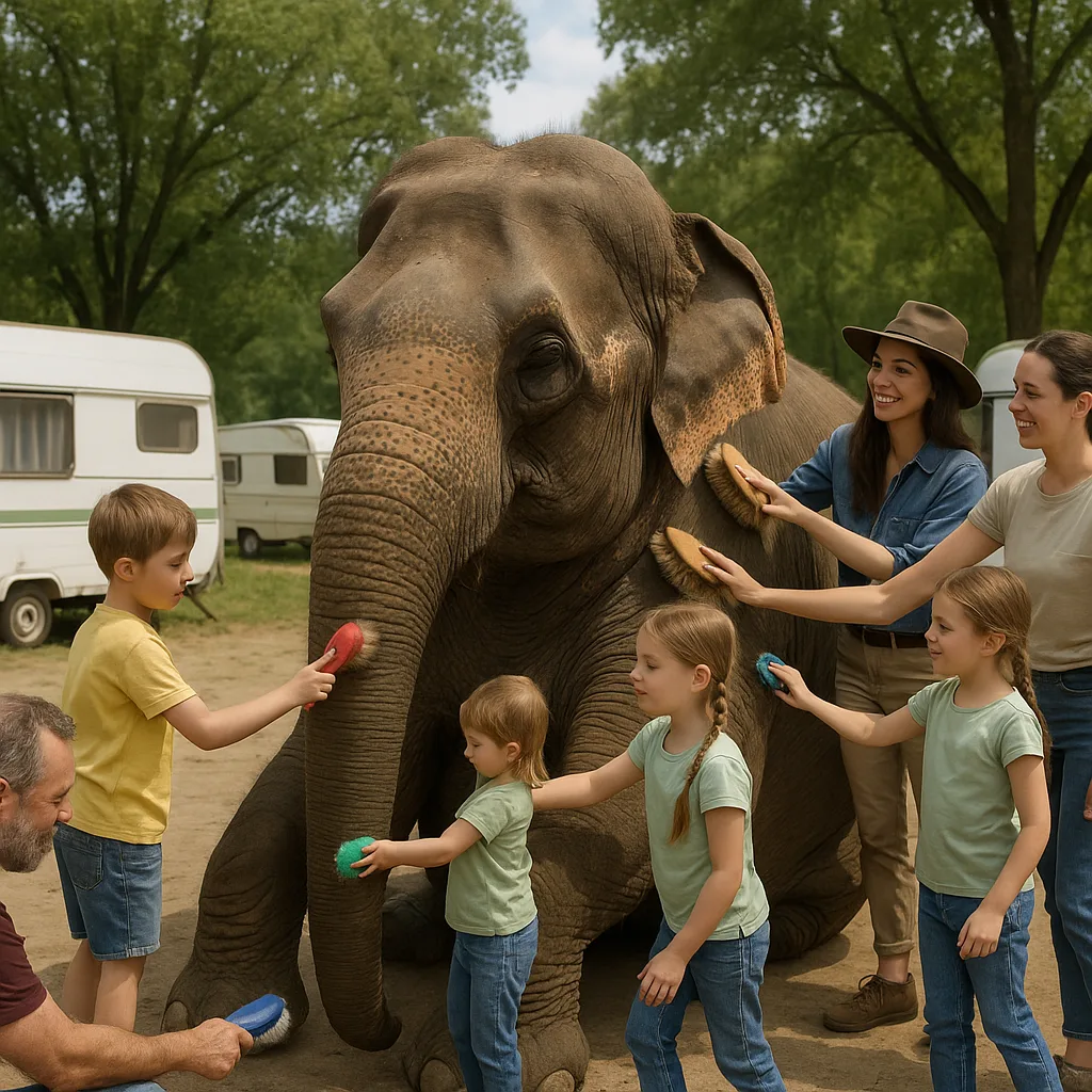 Children and Adults Are Brushing a Seated Elephant Outdoors