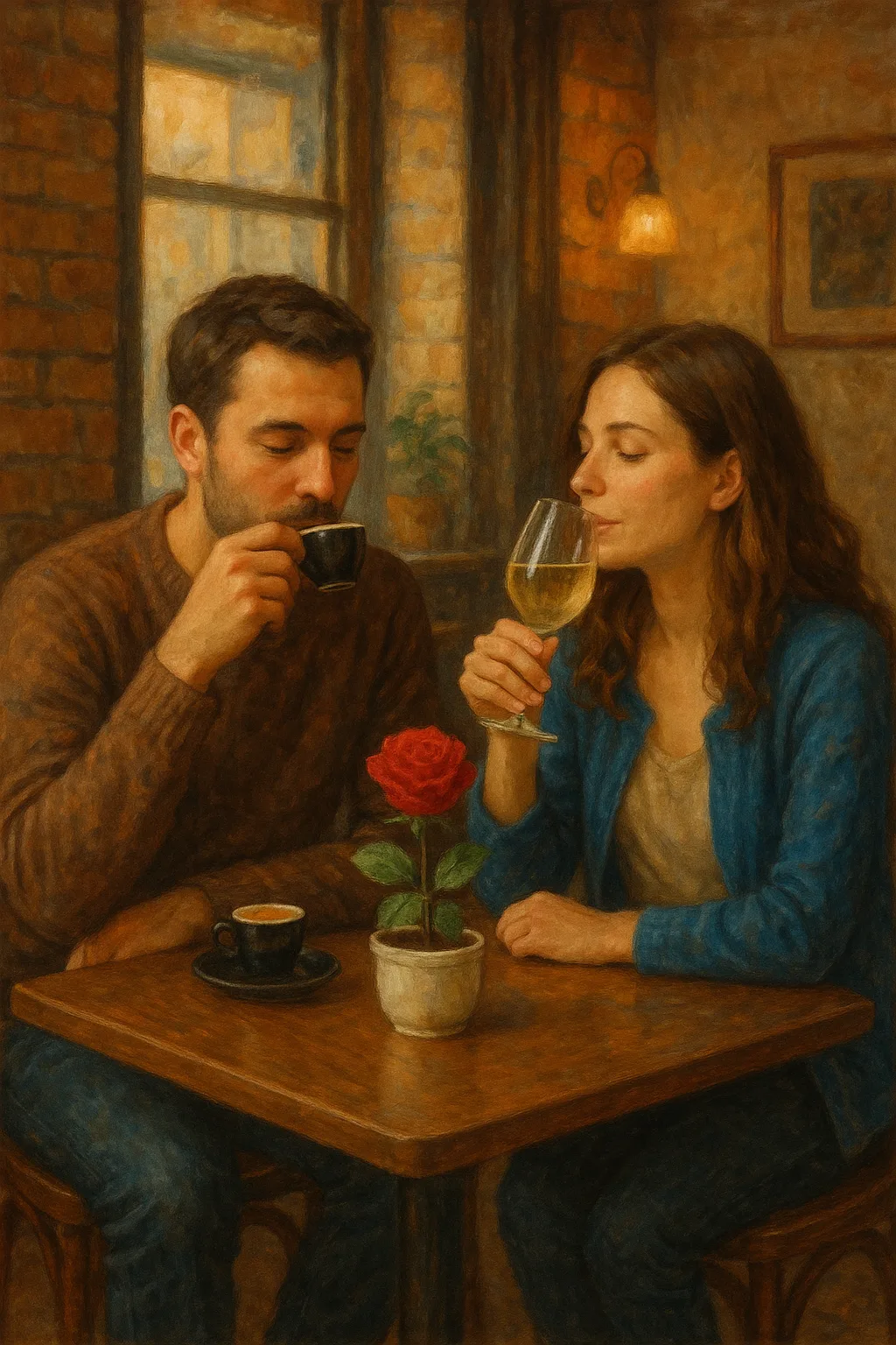 Couple Sits Together at a Compact Square Table